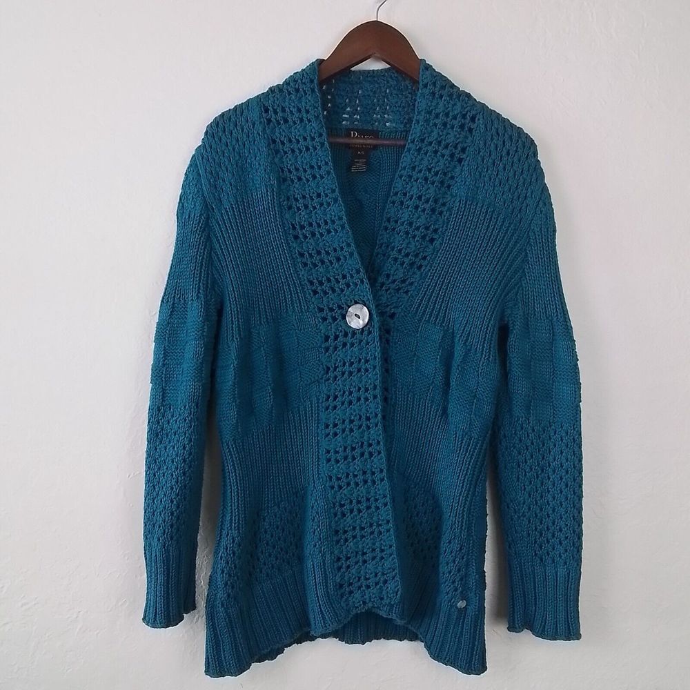 Pure Handknit Sweater Size‎ M/L Teal 100% Cotton Chunky Knit Button Front